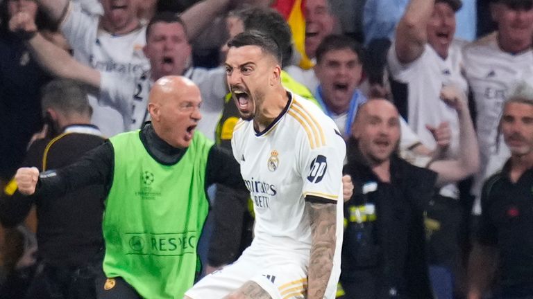 Real Madrid's Joselu celebrates after turning the Champions League semi-final on its head
