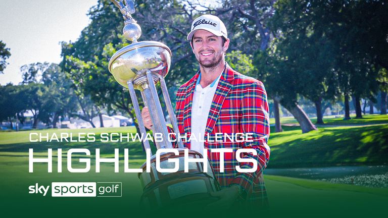 Davis Riley poses with the winner&#39;s trophy at the Charles Schwab Challenge golf tournament at Colonial Country Club in Fort Worth, Texas, Sunday, May 26, 2024. (AP Photo/LM Otero