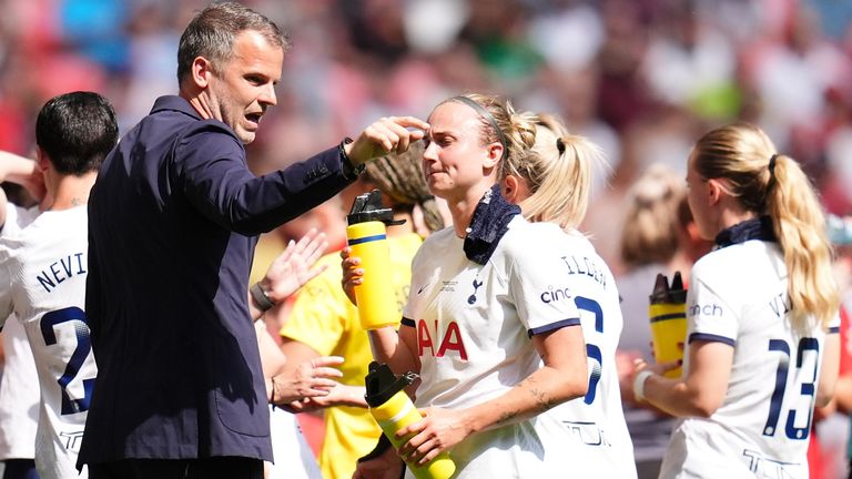 Tottenham Hotspur manager Robert Vilahamn gives instructions to the players during the Adobe Women's FA Cup final at Wembley Stadium, London. Picture date: Sunday May 12, 2024.