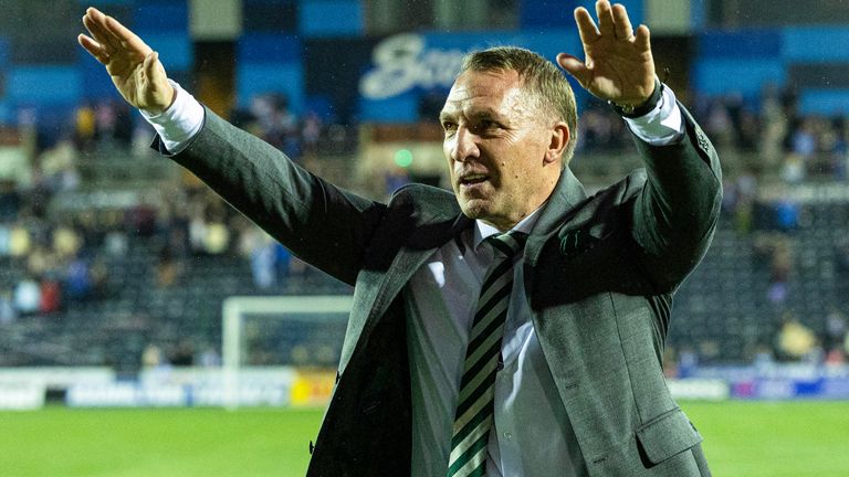 Celtic manager Brendan Rodgers celebrates at full time against Kilmarnock