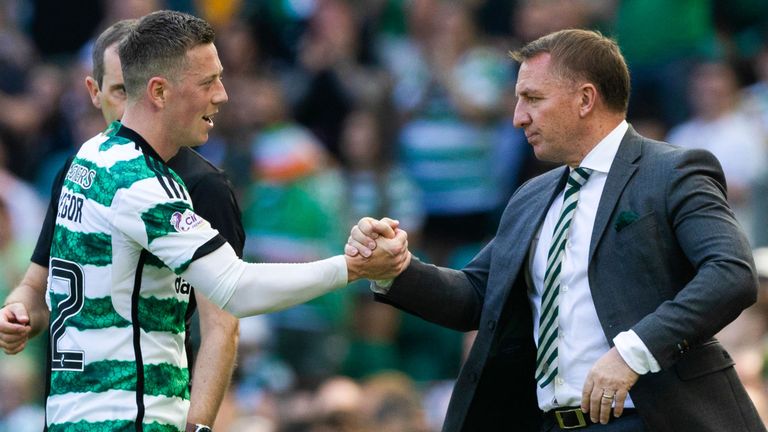 GLASGOW, SCOTLAND - MAY 18: Celtic manager Brendan Rodgers with Callum McGregor during a cinch Premiership match between Celtic and St Mirren at Celtic Park, on May 18, 2024, in Glasgow, Scotland.  (Photo by Craig Williamson / SNS Group)