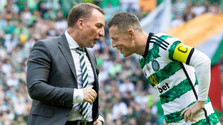 GLASGOW, SCOTLAND - MAY 18: Celtic manager Brendan Rodgers and Callum McGregor during a cinch Premiership match between Celtic and St Mirren at Celtic Park, on May 18, 2024, in Glasgow, Scotland.  (Photo by Ross Parker / SNS Group)