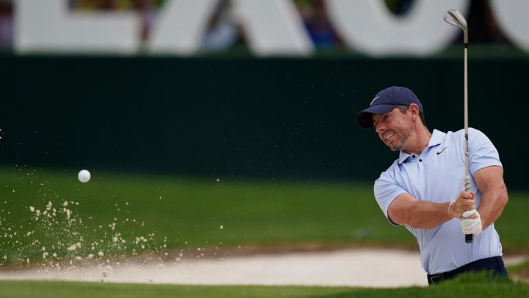Rory McIlroy, of Northern Ireland, hits from the bunker on the 10th hole during the second round of the Wells Fargo Championship golf tournament at Quail Hollow Friday, May 10, 2024, in Charlotte, N.C. (AP Photo/Erik Verduzco)