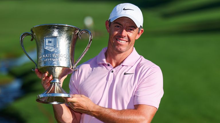 CHARLOTTE, NORTH CAROLINA - MAY 12: Rory McIlroy of Northern Ireland celebrates with the trophy after winning the Wells Fargo Championship at Quail Hollow Club on May 12, 2024 in Clifton, North Carolina. (Photo by Andrew Redington/Getty Images)