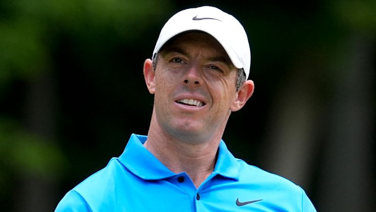 Rory McIlroy, of Northern Ireland, reacts after missing a putt on the second hole during the third round of the PGA Championship golf tournament at the Valhalla Golf Club, Saturday, May 18, 2024, in Louisville, Ky. (AP Photo/Jeff Roberson)