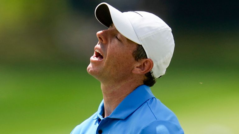 Rory McIlroy, of Northern Ireland, reacts after missing a putt on the first hole during the third round of the PGA Championship golf tournament at the Valhalla Golf Club, Saturday, May 18, 2024, in Louisville, Ky. (AP Photo/Sue Ogrocki)
