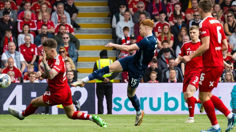 DINGWALL, SCOTLAND - MAY 19: Ross County's Simon Murray scores to make it 1-0 during a cinch Premiership match between Ross County and Aberdeen at the Global Energy Stadium, on May 19, 2024, in Dingwall, Scotland.  (Photo by Ross Parker / SNS Group)