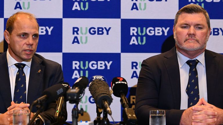   Rugby Australia CEO Phil Waugh and Rugby Australia Chair Daniel Herbert speak to the media during a press conference at InterContinental Melbourne The Rialto on May 30, 2024 in Melbourne, Australia. Rugby Australia announced the results of an application from a consortium seeking a participation agreement for the Melbourne. Rebels in the 2025 Super Rugby Pacific competition. (