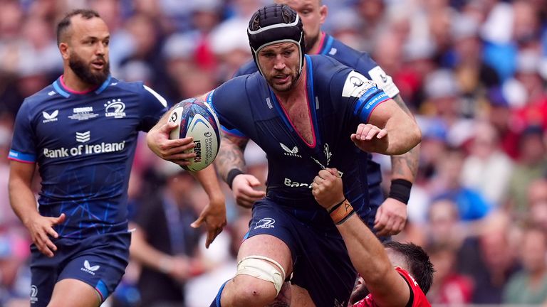 Leinster's Caelan Doris is tackled by Stade Toulousain's Cyril Baille during the Investec Champions Cup final at the Tottenham Hotspur Stadium