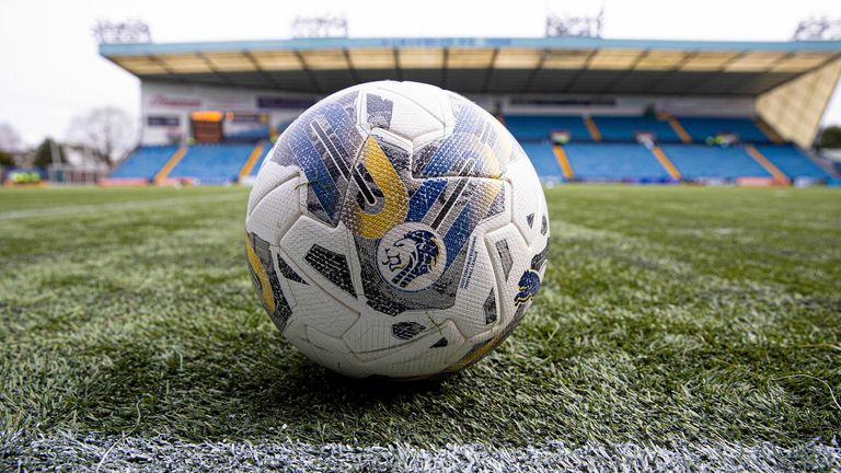 KILMARNOCK, SCOTLAND - MARCH 16: A match ball during a cinch Premiership match between Kilmarnock and St Mirren at Rugby Park, on March 16, 2024, in Kilmarnock, Scotland. (Photo by Alan Harvey / SNS Group)