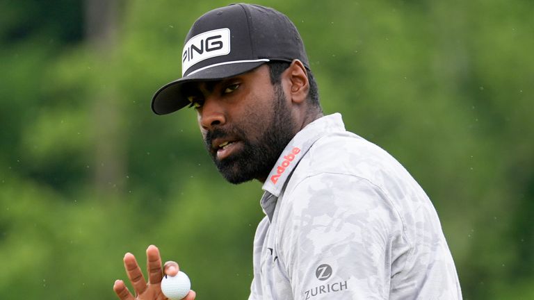 Sahith Theegala waves after making a putt on the fifth hole during the second round of the PGA Championship golf tournament at the Valhalla Golf Club, Friday, May 17, 2024, in Louisville, Ky. (AP Photo/Jeff Roberson)