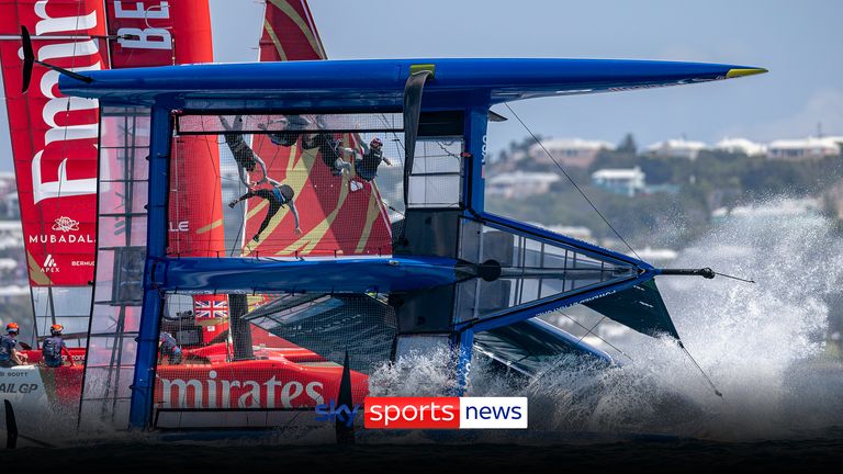 In this photo provided by SailGP, USA SailGP Team helmed by Taylor Canfield capsizes as they sail near the Emirates Great Britain SailGP Team during a practice session ahead of the Apex Group Bermuda Sail Grand Prix in Bermuda