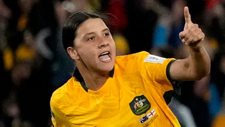 FILE - Australia's Sam Kerr celebrates after scoring her side's first goal during the Women's World Cup semifinal soccer match between Australia and England at Stadium Australia in Sydney, Australia, on Aug. 16, 2023. A rise in anterior cruciate ligament (ACL) injuries in women's soccer highlights ...systemic gender inequality in sports,... a U.K. parliament report said Tuesday March 5, 2024. Chelsea and Australia striker Sam Kerr suffered ACL damage in January. Other top stars Alexia Putellas, Beth Mead and Leah Williamson have also sustained ACL injuries in recent times. (AP Photo/Rick Rycroft, File)