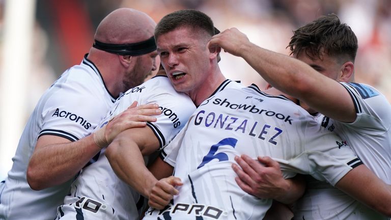 Saracens celebrate after scoring their side's fourth try during the Gallagher Premiership match at Ashton Gate