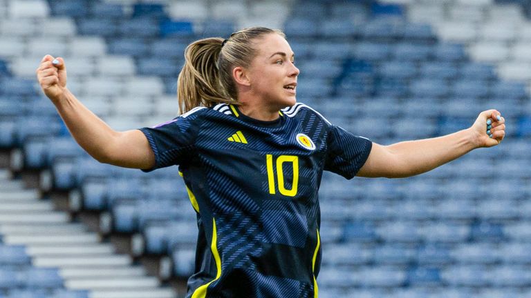 GLASGOW, SCOTLAND - MAY 31: Scotland's Kirsty Hanson celebrates as she scores to make it 2-0 during a UEFA European Championship Quallifier between Scotland and Israel at Hampden Park, on May 31, 2024, in Glasgow, Scotland. (Photo by Craig Foy / SNS Group)