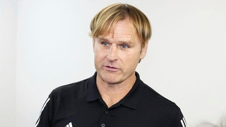 Scott Robertson, head coach of New Zealand's national rugby team, speaks to reporters at Tokyo's Prince Chichibu Memorial Rugby Ground on March 17, 2024, after watching a match between Brave Lupus Tokyo and Sagamihara Dynaboars. (Kyodo via AP Images) ==Kyodo