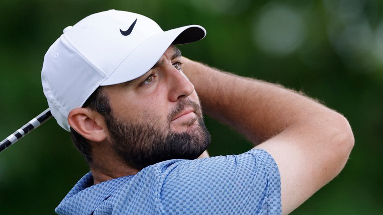 LOUISVILLE, KY - MAY 13: Scottie Scheffler (USA) plays a shot during a practice round prior to the 2024 PGA Championship on May 13, 2024, at Valhalla Golf Club in Louisville, Kentucky. (Photo by Joe Robbins/Icon Sportswire) (Icon Sportswire via AP Images) 