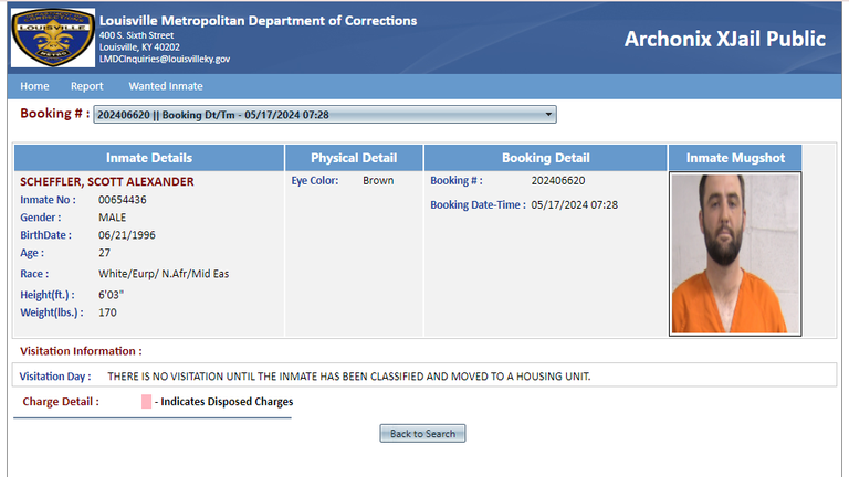 Scottie Scheffler's mugshot appeared on Louisville Metropolitan Department of Corrections website 