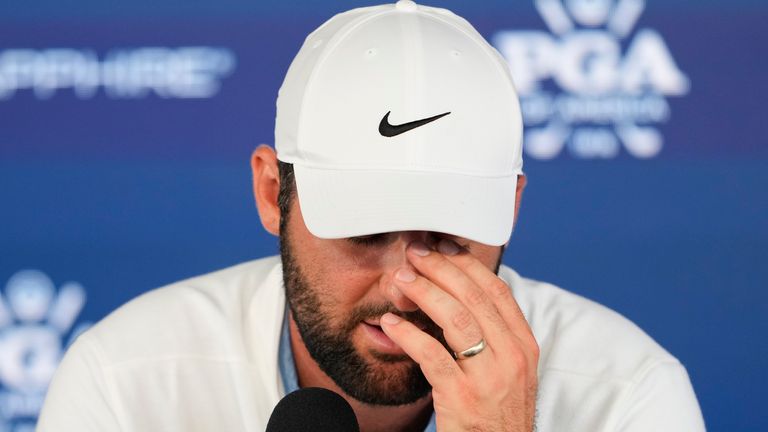 Scottie Scheffler speaks during a news conference at after the second round of the PGA Championship golf tournament at the Valhalla Golf Club, Friday, May 17, 2024, in Louisville, Ky. (AP Photo/Matt York)
