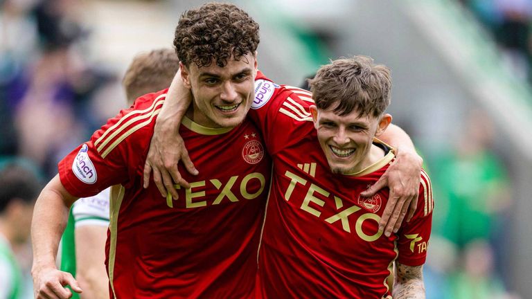 Dante Polvara celebrates with Leighton Clarkson after scoring Aberdeen's second goal against Hibs