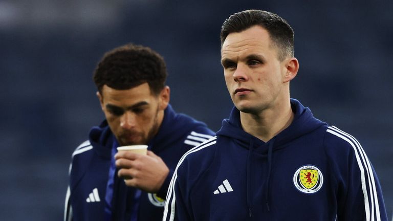 GLASGOW, SCOTLAND - MARCH 26: Scotland's Lawrence Shankland pre-match during an International Friendly match between Scotland and Northern Ireland at Hampden Park, on March 26, 2024, in Glasgow, Scotland. (Photo by Craig Williamson / SNS Group)