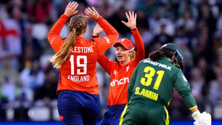 England v Pakistan - Second IT20 - The County Ground
England's Sophie Ecclestone (left) celebrates after taking the wicket of Pakistan's Muneeba Ali (not pictured) during the second women's IT20 match at The County Ground, Northampton. Picture date: Friday May 17, 2024.