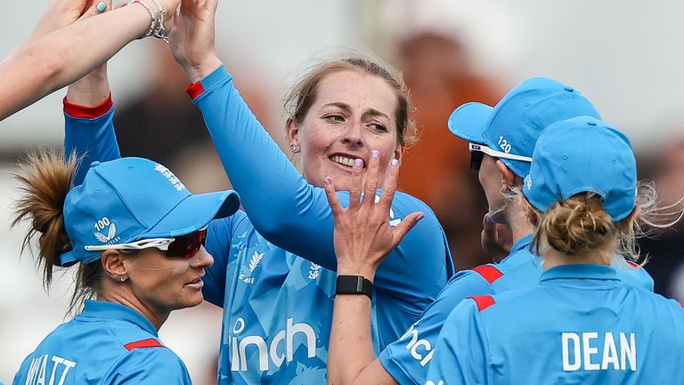 CHELMSFORD, ENGLAND - MAY 29: Sophie Ecclestone of England (2nd right) celebrates with her team mates after taking the wicket of Umm-e-Hani of Pakistan (not shown) during the 3rd Women's Metro Bank ODI match between England and Pakistan at The Cloud County Ground on May 29, 2024 in Chelmsford, England. (Photo by Andy Kearns/Getty Images)
