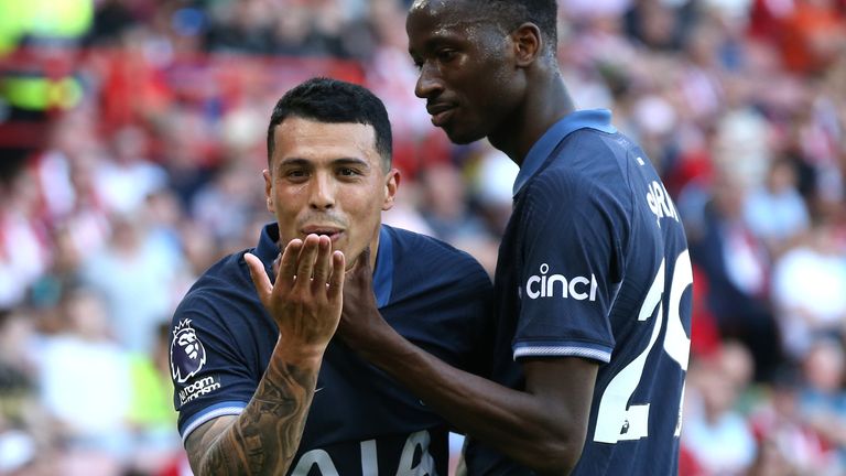 Spurs' Pedro Porro (left) celebrates scoring their side's second goal of the game