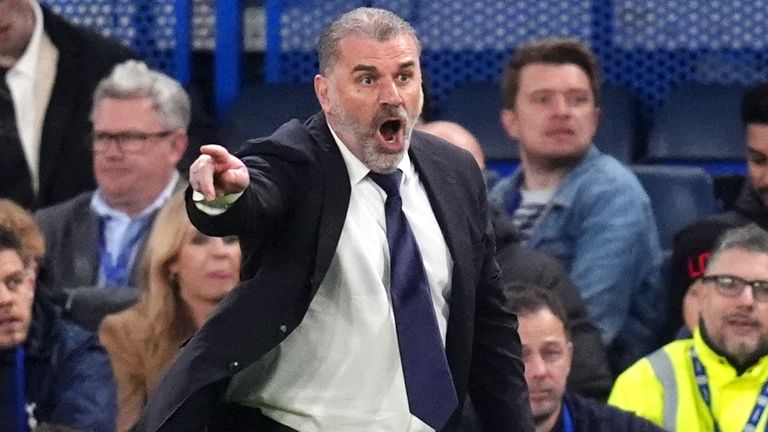 Tottenham Hotspur manager Ange Postecoglou on the touchline during the Premier League match at Stamford Bridge, London. Picture date: Thursday May 2, 2024.

