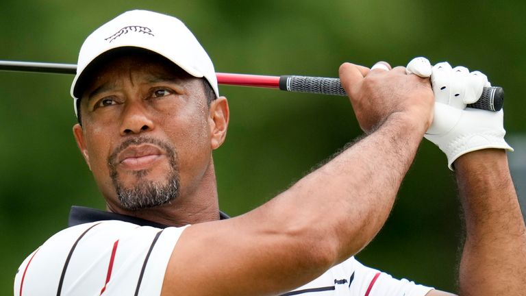 Tiger Woods watches his tee shot on the sixth hole during the second round of the PGA Championship golf tournament at the Valhalla Golf Club, Friday, May 17, 2024, in Louisville, Ky. (AP Photo/Jeff Roberson)