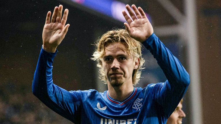 GLASGOW, SCOTLAND - MAY 14: Rangers' Todd Cantwell celebrates after scoring to make it 3-2 during a cinch Premiership match between Rangers and Dundee at Ibrox Stadium, on May 14, 2024, in Glasgow, Scotland.  (Photo by Craig Williamson / SNS Group)