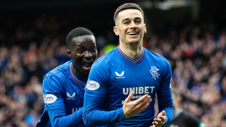 Rangers' Tom Lawrence celebrates with Mohamed Diomande after scoring to make it 3-1