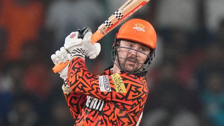 Sunrisers Hyderabad's Travis Head plays a shot during the Indian Premier League cricket match between Sunrisers Hyderabad and Lucknow Super Giants in Hyderabad, India, Wednesday, May 8, 2024. (AP Photo/Mahesh Kumar A.)