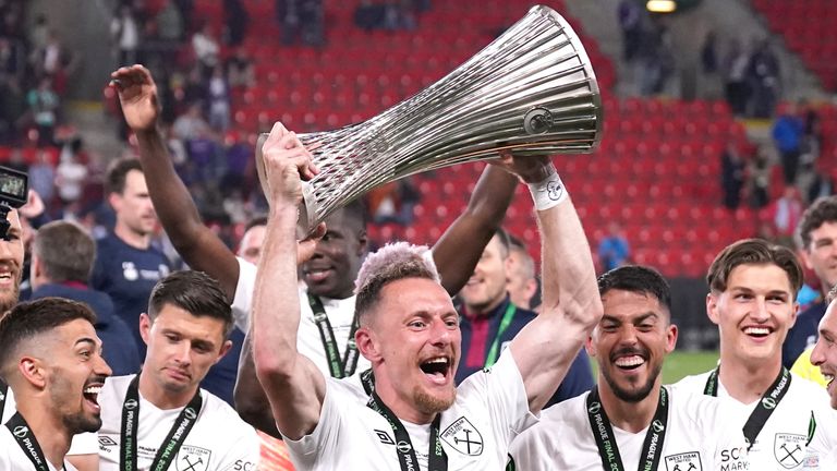 West Ham United's Vladimir Coufal with the UEFA Europa Conference League Trophy following victory over Fiorentina in the UEFA Europa Conference League Final at the Fortuna Arena, Prague. Picture date: Wednesday June 7, 2023.