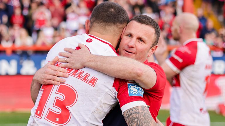 Picture by Alex Whitehead/SWpix.com - 04/05/2024 - Rugby League - Betfred Super League: Round 10 - Hull KR v St Helens - Sewell Group Craven Park, Hull, England - Elliot Minchella and head coach Willie Peters of Hull KR celebrate the win.