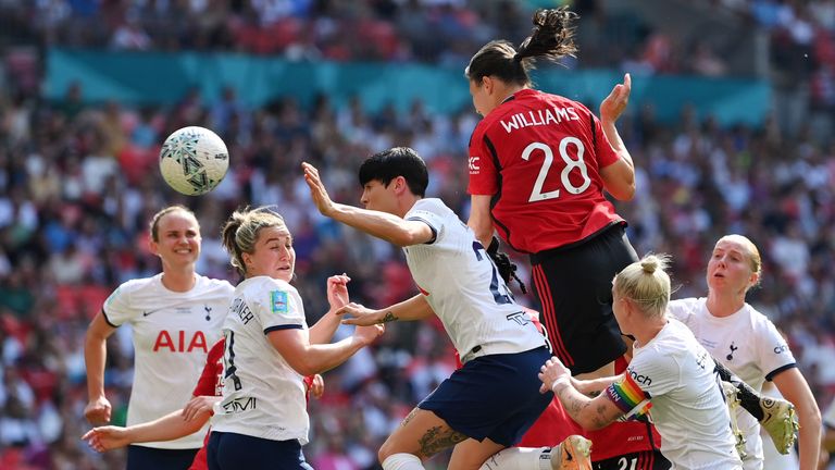 Rachel Williams heads Manchester United into a 2-0 lead against Spurs
