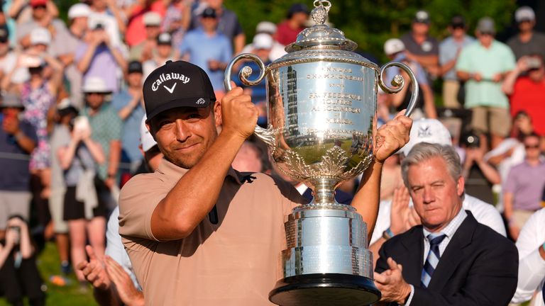 Xander Schauffele holds the Wanamaker trophy after winning the PGA Championship at Valhalla