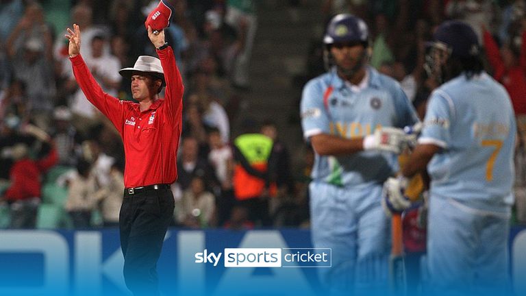 Umpire Simon Taufel signals one six consecutive sixes from Yuvraj Singh of India during one over from Stuart Broad of England during the ICC Twenty20 Cricket World Championship