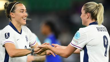 Lucy Bronze (left) celebrates with England goalscorer Alessia Russo. 