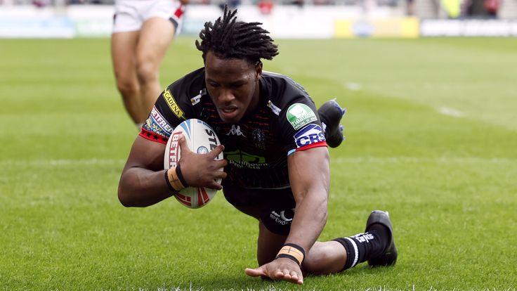 Salford Red Devils v Wigan Warriors - Betfred Super League - Salford Community Stadium
Wigan Warriors' Junior Nsemba scores a try during the Betfred Super League match at the Salford Community Stadium. Picture date: Sunday May 26, 2024.