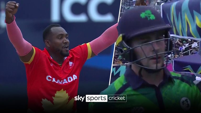 Aaron Johnson produced this superb catch to claim Canada's fifth wicket against the Republic of Ireland in the T20 World Cup.