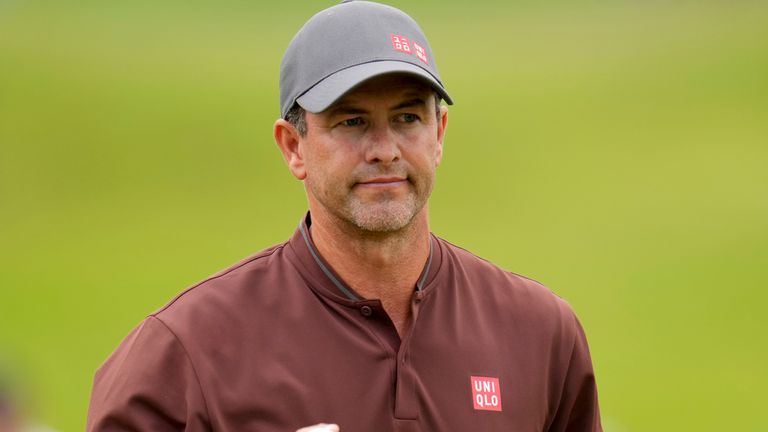 Adam Scott, of Australia, waves after making a putt on the fifth hole during the second round of the PGA Championship golf tournament at the Valhalla Golf Club, Friday, May 17, 2024, in Louisville, Ky. (AP Photo/Jeff Roberson)