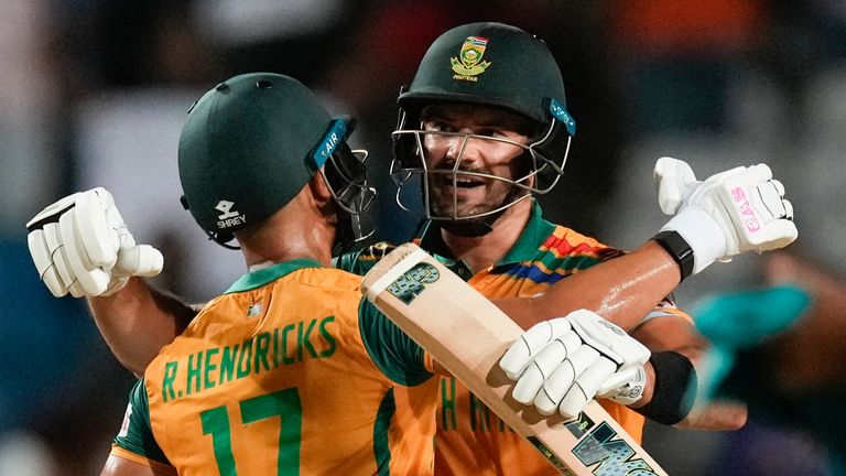 South Africa's Reeza Hendricks and Aiden Markram celebrate their side's win over Afghanistan in the T20 World Cup semi-finals