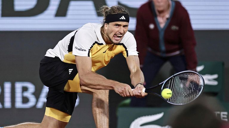 Alexander Zverev of Germany plays against Holger Rune of Denmark in a men's singles fourth-round match at the French Open tennis tournament in Paris on June 3, 2024. (Kyodo via AP Images) ==Kyodo