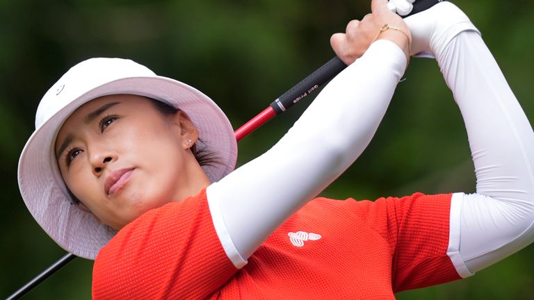 Amy Yang, of South Korea, watches her shot after hitting from the fourth tee during the final round of the Women's PGA Championship golf tournament at Sahalee Country Club, Sunday, June 23, 2024, in Sammamish, Wash. (AP Photo/Gerald Herbert)