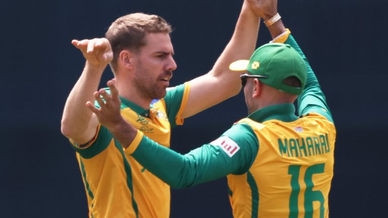 South Africa's Anrich Nortje and Aiden Markram celebrate a wicket against Sri Lanka in the T20 World Cup (Getty Images)