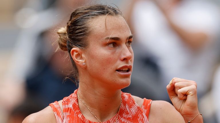 Aryna Sabalenka of Belarus reacts during her fourth round match of the French Open tennis tournament against Emma Navarro of the U.S. at the Roland Garros stadium in Paris, Monday, June 3, 2024. (AP Photo/Jean-Francois Badias)