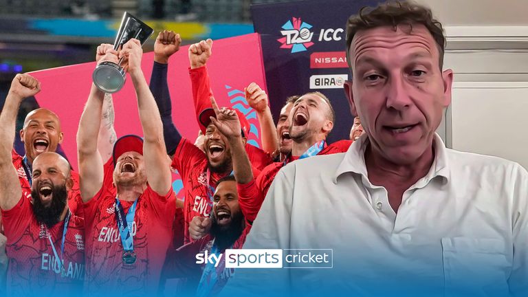 England celebrate with their trophy after defeating Pakistan in the final of the T20 World Cup cricket at the Melbourne Cricket Ground in Melbourne, Australia, Sunday, Nov. 13, 2022. The return of fast bowler Jofra Archer has boosted England&#39;s chances of becoming the first team to win consecutive Twenty20 World Cups.