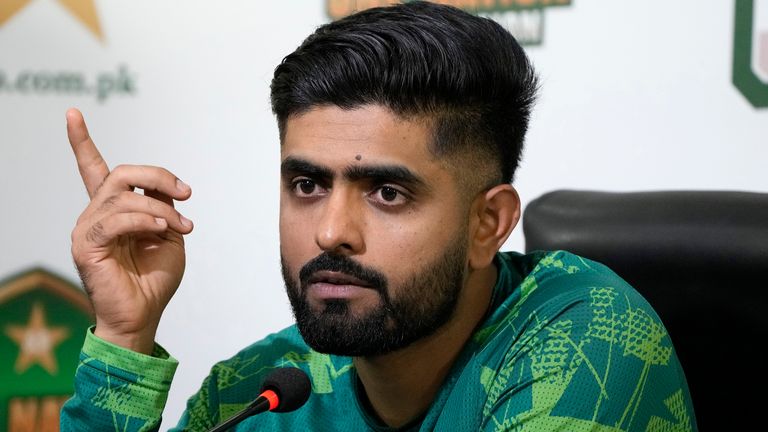 Pakistan's cricket team skipper Babar Azam gestures during a press conference regarding up coming Twenty20 series against Ireland, England and T20 World Cup, in Lahore, Pakistan, Monday, May 6, 2024. (AP Photo/K.M. Chaudary)