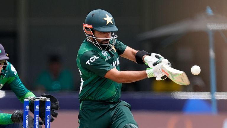 Pakistan's captain Babar Azam bats as Ireland's Lorcan Tucker watches behind the stumps during the ICC Men's T20 World Cup cricket match between Ireland and Pakistan at the Central Broward Regional Park Stadium, Lauderhill, Fla., Sunday, June 16, 2024. (AP Photo/Lynne Sladky)
